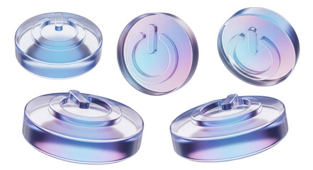 Glossy power button icons rendered in several positions against a white backdrop depicting control elements for tech usage