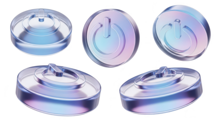 Glossy power button icons rendered in several positions against a white backdrop depicting control elements for tech usage
