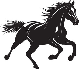 Horse Galloping Body at full speed, legs extended forward, tail raised high, black silhouette vector.