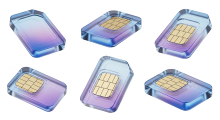 Six SIM cards transparent casing isolated white floating for mobile phone communication technology concepts