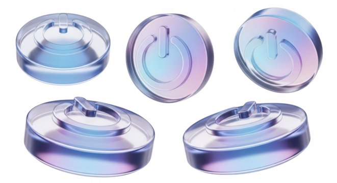 Glossy power button icons rendered in several positions against a white backdrop depicting control elements for tech usage