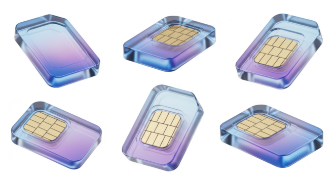 Six SIM cards transparent casing isolated white floating for mobile phone communication technology concepts