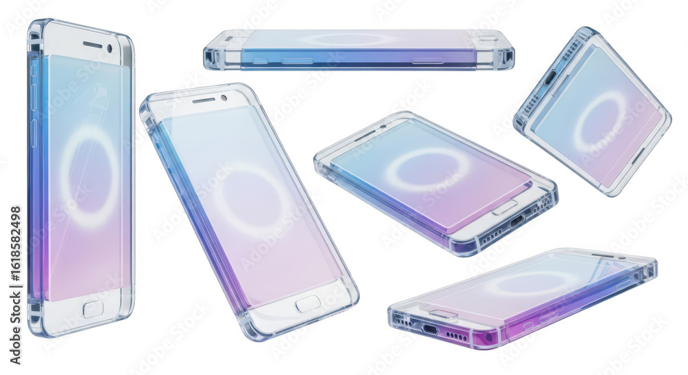 Poster modern smartphone devices in clear cases various angles floating on a white background used for tech