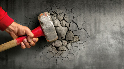 A hand holding a red sledgehammer