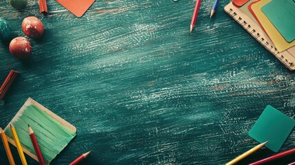 Colorful School Supplies on Wooden Desk with Pencils Notebooks and Decorative Eggs