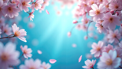 A vibrant close-up of delicate pink cherry blossoms framing a radiant blue background
