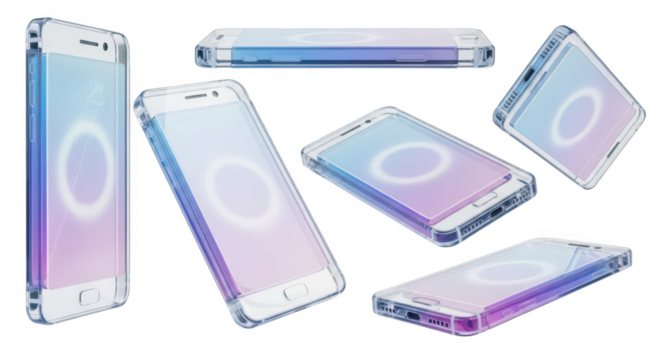 Modern smartphone devices in clear cases various angles floating on a white background used for tech presentations or mockups