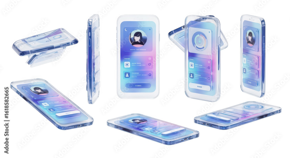 Poster futuristic transparent phones with ui interface icons floating on a white background suggesting conc