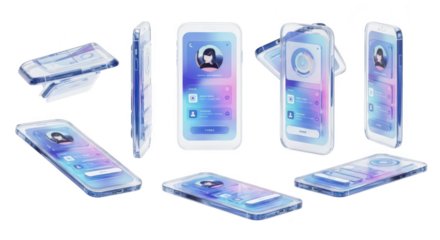Futuristic transparent phones with UI interface icons floating on a white background suggesting concept of digital communication