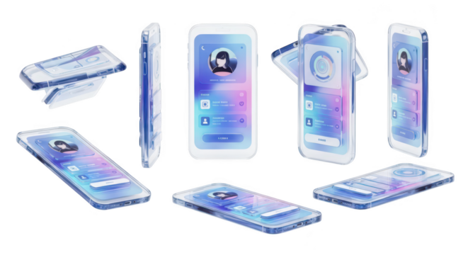 Futuristic transparent phones with UI interface icons floating on a white background suggesting concept of digital communication