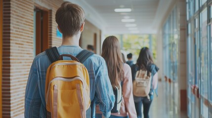 Students in line at school hallway with backpacks walking towards classroom