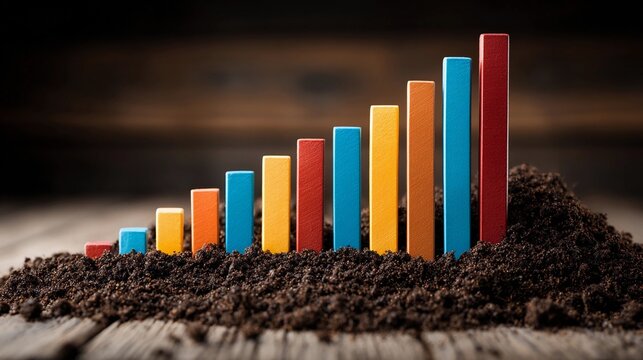 Colorful wooden blocks forming a growth chart on a soil background indoors at daytime