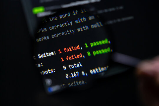 Programming code displaying test results with one failed and one passed, symbolizing software development, debugging, and quality assurance