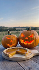Close-up of Wooden Farm Table with Halloween Pumpkins and a Slice of Pumpkin Pie