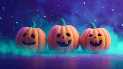 Fototapeta premium ハロウィン｜3つ並んだかぼちゃのジャックオーランタン・ふんわり光るスモーク演出