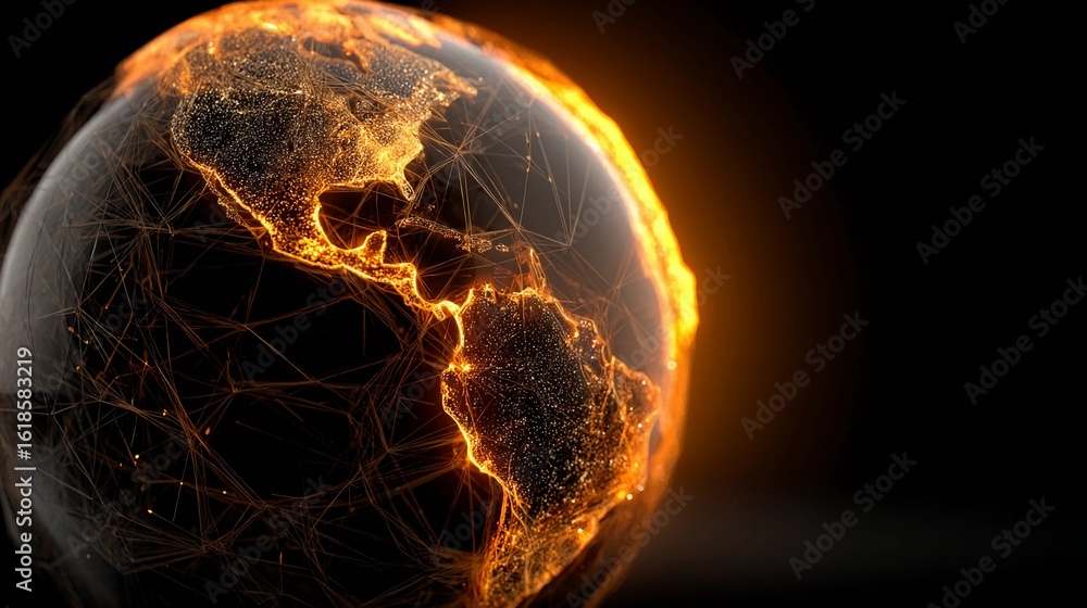 Poster glowing network of interconnected continents and oceans in a dark setting
