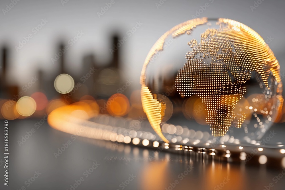 Poster modern globe representation on a reflective surface with city skyline in background at dusk