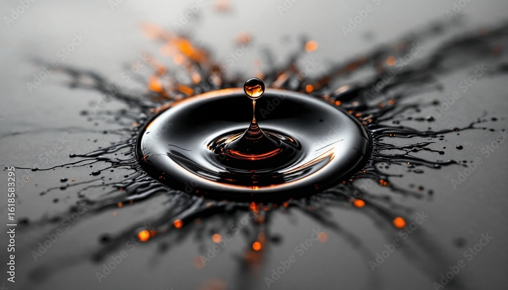 Poster a captivating close-up of a water droplet creating ripples and splashes against a dark surface, emph