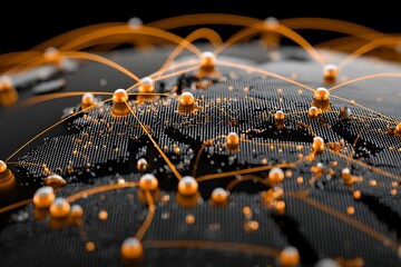 Global network connections represented by nodes and lines on dark background