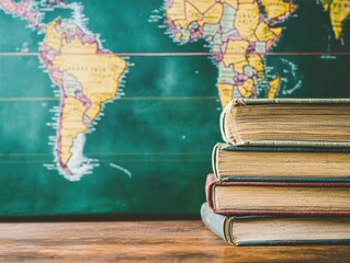 Stack of Classic Books in Front of a World Map on Classroom or Study Desk