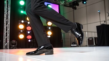 Close up of polished black shoes and trousers during a dynamic performance on a brightly lit stage.