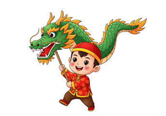 Fototapeta premium Chinese Boy Image, Chinese Lion Dance Isolated Cartoon Image, Chinese Dragon dance Isolated Cartoon Image, Lunar new year decorative element, Chinese New Year Decorative Cartoon Image.