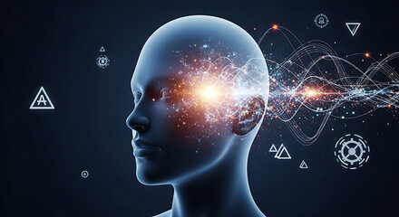 Conceptual image of artificial intelligence with a glowing digital brain and abstract data streams on a futuristic background.