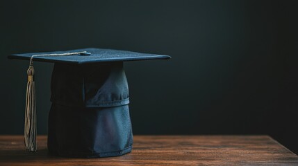 Black graduation cap with tassel on wooden surface against dark background