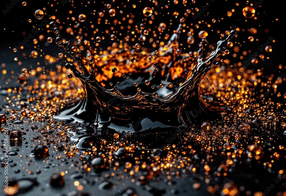 Poster a close-up shot of water droplets splashing on a dark surface, creating an artistic display of movem