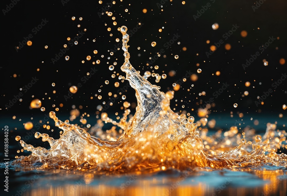 Aufkleber a captivating splash of water creates a dynamic display of droplets, illuminated by a warm golden li
