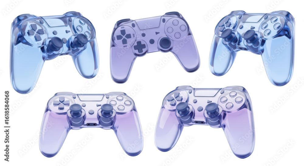 Poster transparent game controllers in a group showcasing control and gaming on a white background conceptu
