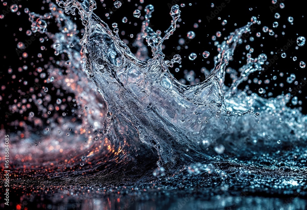 Poster a dynamic splash of water creating intricate patterns against a dark background, capturing the beaut