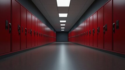 Long school hallway with red lockers and fluorescent ceiling lights in a modern educational facility