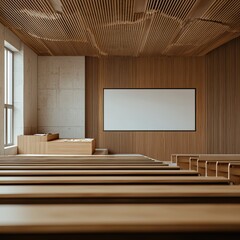Modern minimalist auditorium interior with wooden slat walls and ceiling, large blank screen, and