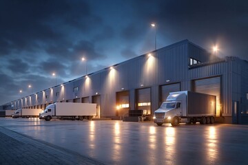 Trucks parked outside a modern warehouse at night with glowing lights