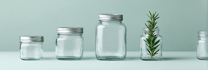 Studio shot showing symmetrical placement of jars and rosemary.