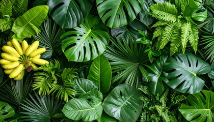 Lush Tropical Foliage with Ripe Bananas, Detailed Green Leaves, and Natural Texture