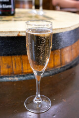 Pouring and tasting of dry sparkling wine brut, grand reserve, champagne in Ay-Champagne wine...