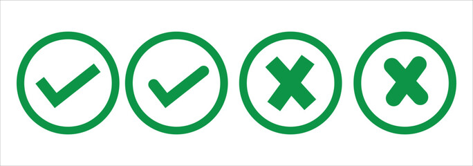 check mark icon button set. check box icon with right and wrong buttons and yes or no checkmark icons in green tick box and red cross. vector illustration