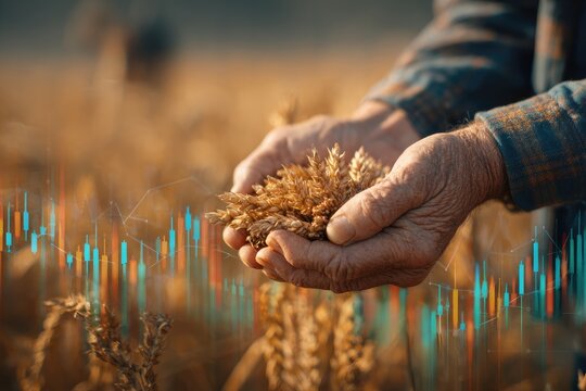 A farmer holds wheat in a field with a superimposed chart