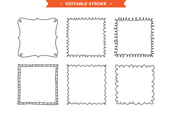 Linear fun doodle hand drawn square frames set num.1. Rectangle shape wavy border for greeting card, invitation, social media banner. Editable stroke