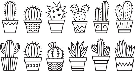 Various Line art Potted Cactus silhouette vector illustration set. Cactus icon vector illustration