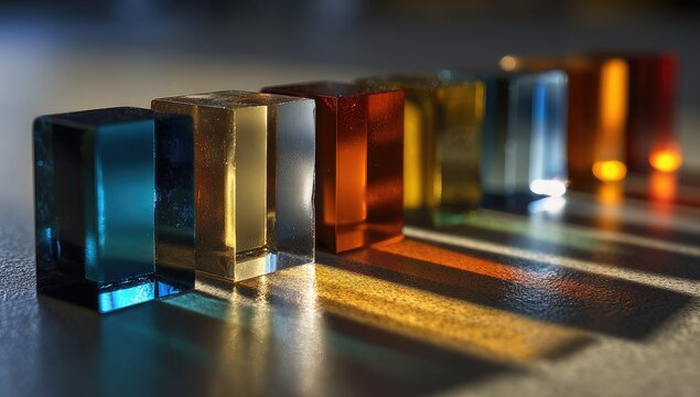 Colorful rectangular prisms, casting long shadows