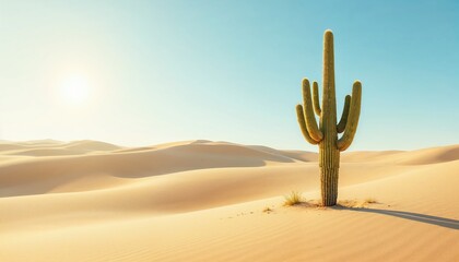 A solitary cactus stands tall in a vast, sandy desert under a clear blue sky and bright sunlight.