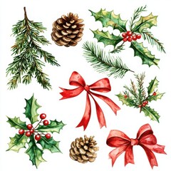 Beautiful Watercolor Christmas Elements Set for Seasonal Decor