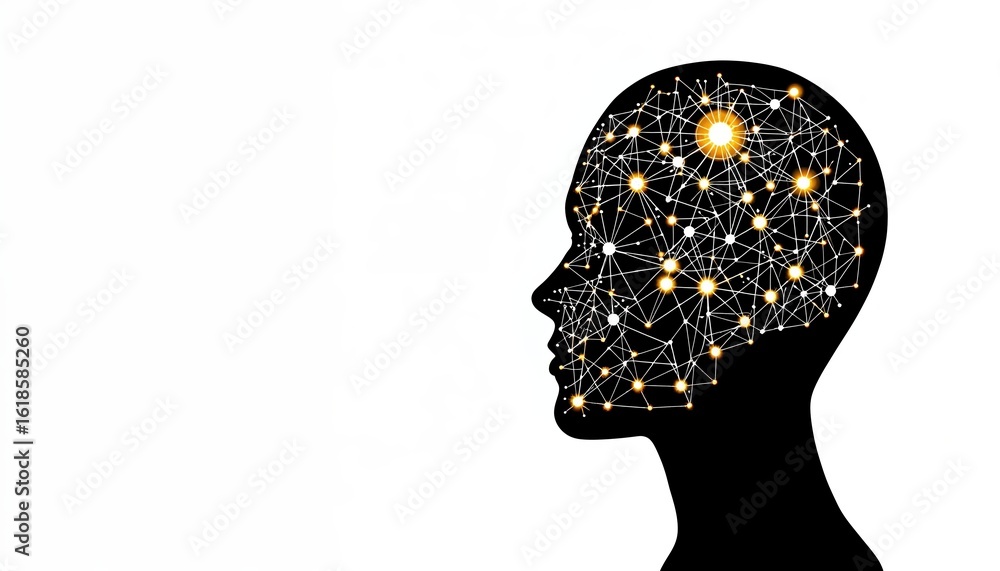 Poster a stylized silhouette of a human head filled with interconnected lines and glowing nodes, symbolizin