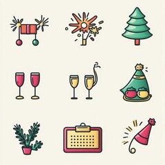 Cute New Year Celebration Icons in Color for Festive Events