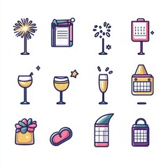 Festive Icons for New Year Celebration in Colorful Design