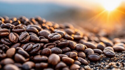 Obraz premium Coffee beans glistening in warm sunlight at dawn on a sandy surface near a mountain