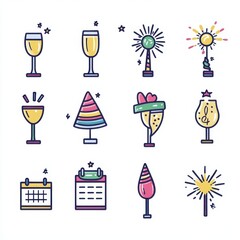 Cute New Year Celebration Icons in Color for Festive Designs